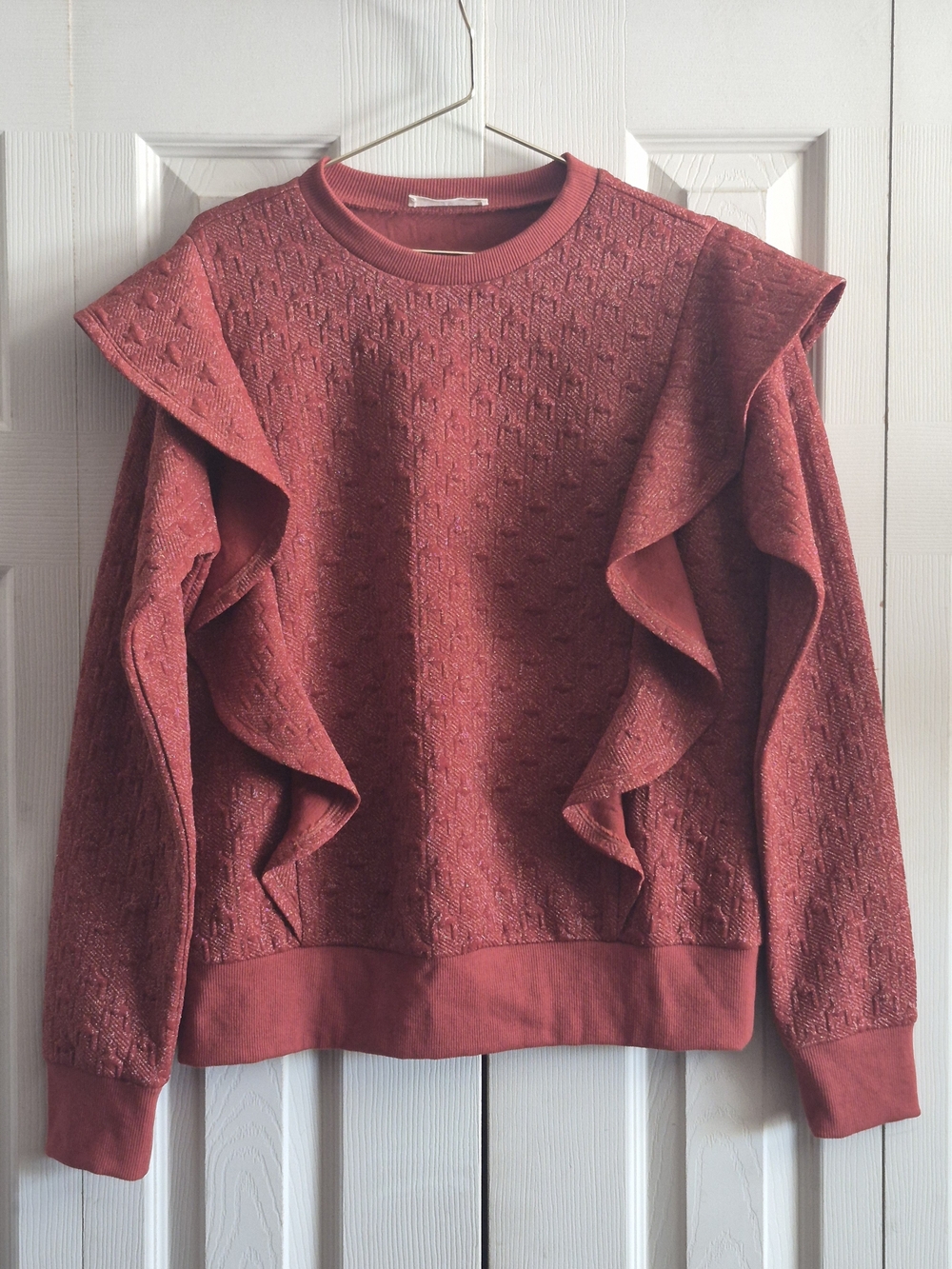 Doe & Rae Rust Ruffle Crew Sweater